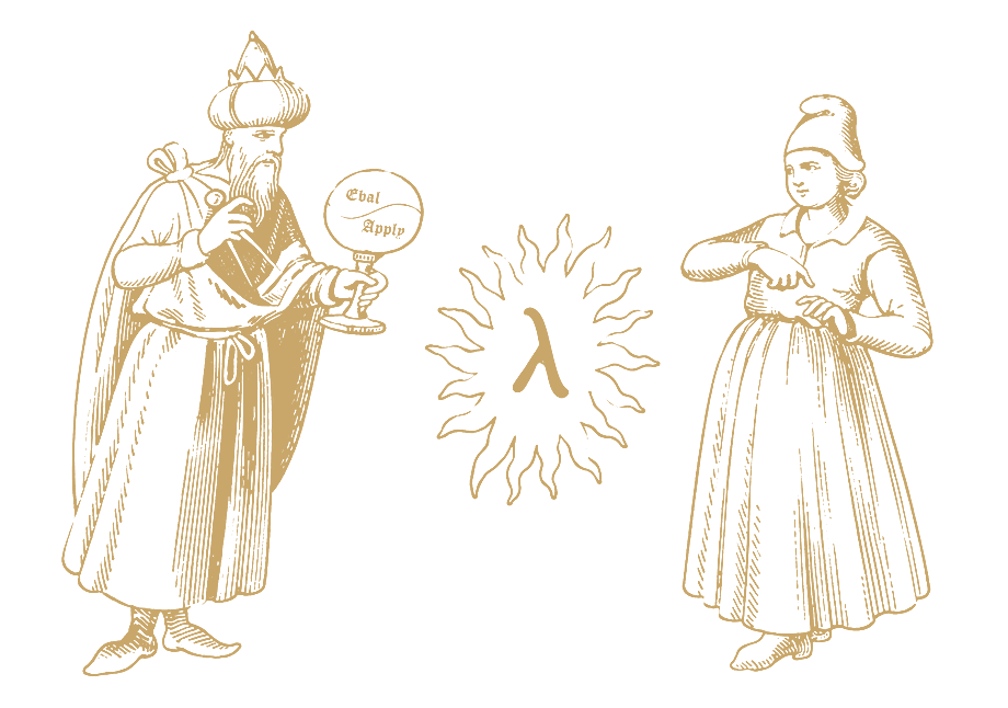 Engraving of a sage handing knowledge to an apprentice across the Logion lambda
